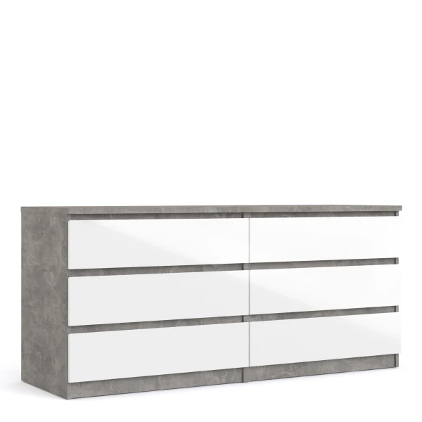 Nati Wide Chest Of 6 Drawers (3+3) In Concrete White High Gloss