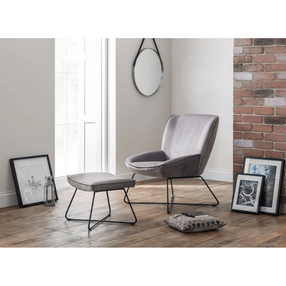 Yuko Velvet Accent Chair Stool - Grey