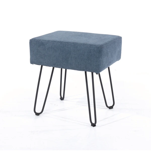 Furry Blue Fabric Rectangular Stool Black Metal Legs.