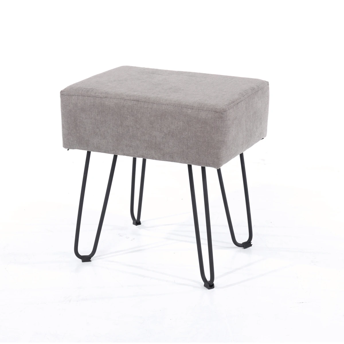 Furry Grey Fabric Rectangular Stool Black Metal Legs.