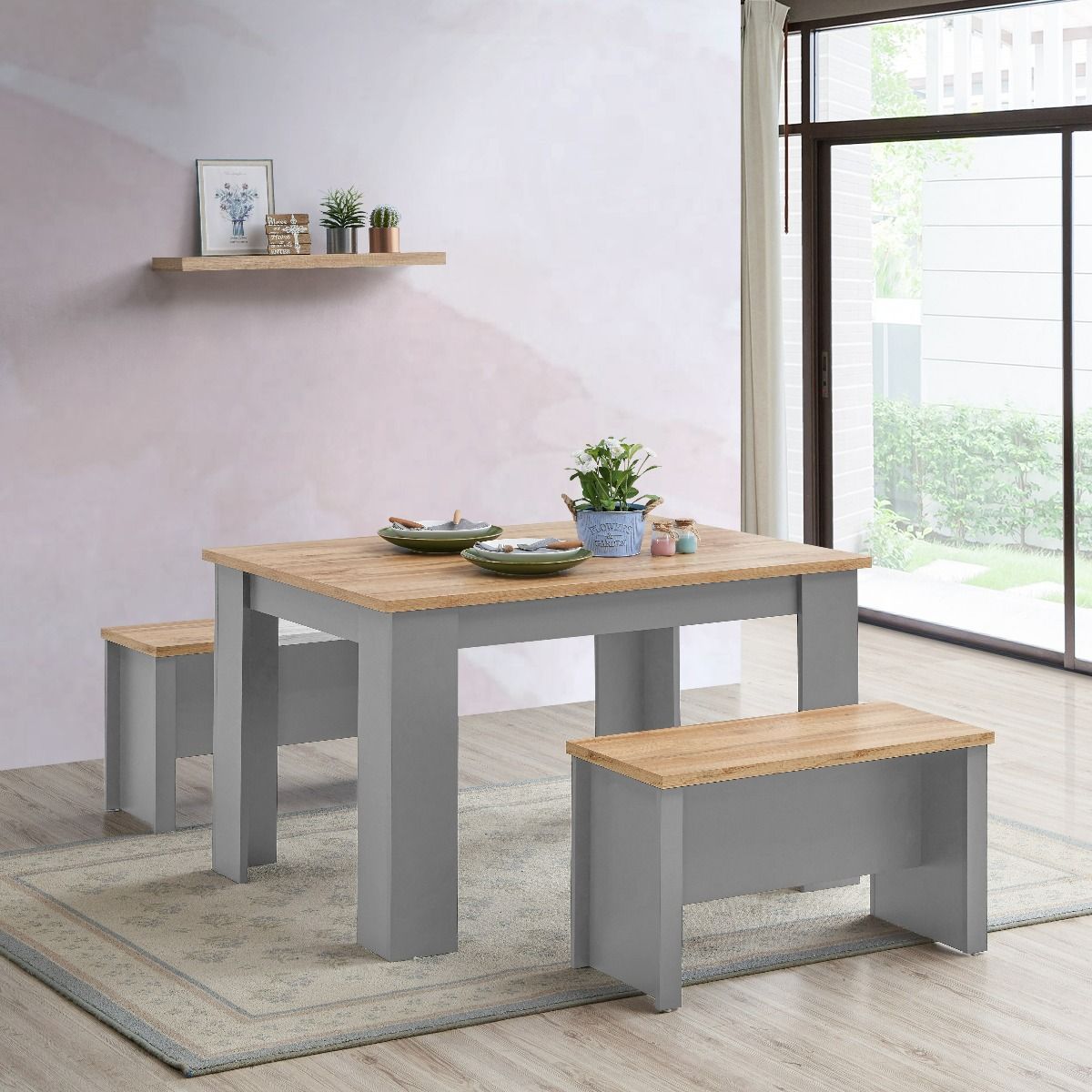 Cisnon Light Grey Dining Table 120 Cm With 2 Benches Light Grey