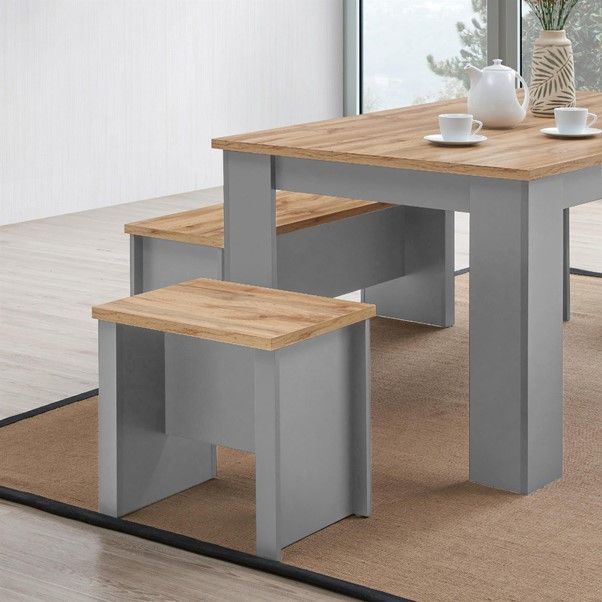 Cisnon Light Grey Dining Table 120 Cm With 2 Benches 2 Stools Light Grey