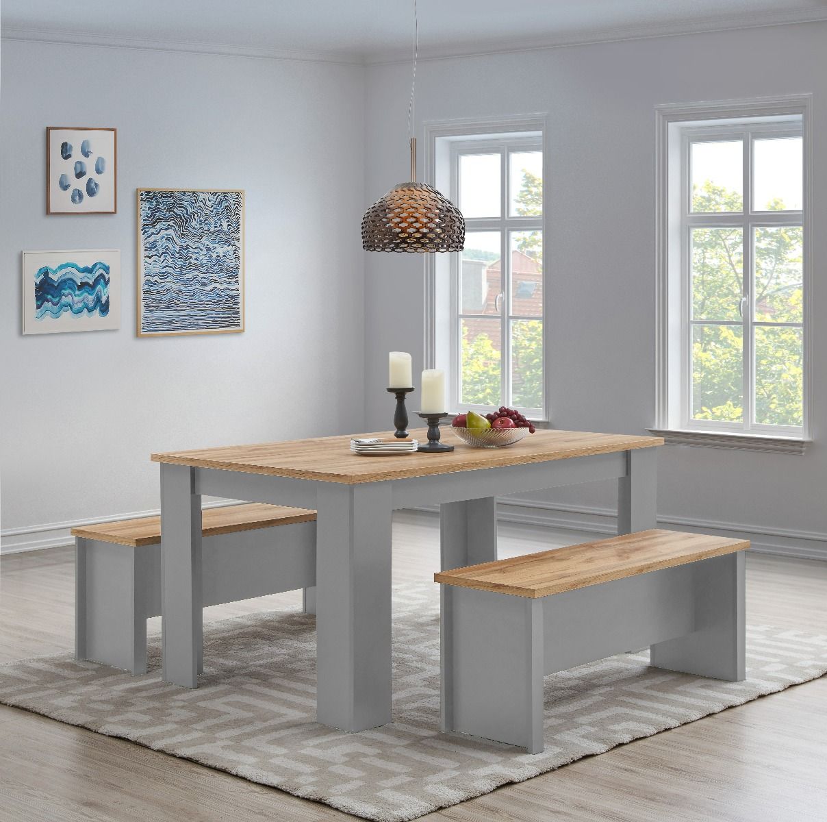 Cisnon Light Grey Dining Table 150 Cm With 2 Benches Light Grey