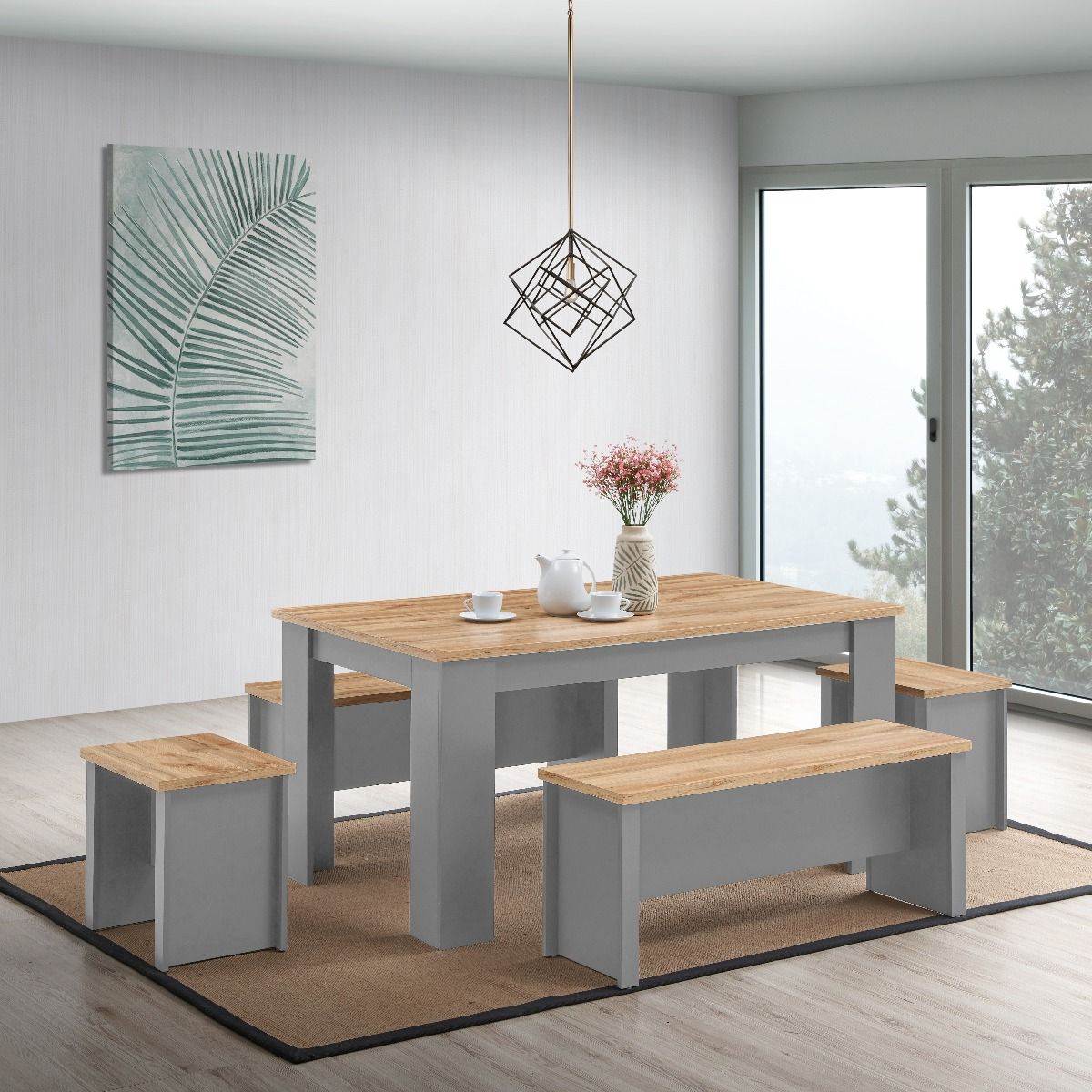 Cisnon Light Grey Dining Table 150 Cm With 2 Benches 2 Stools Light Grey