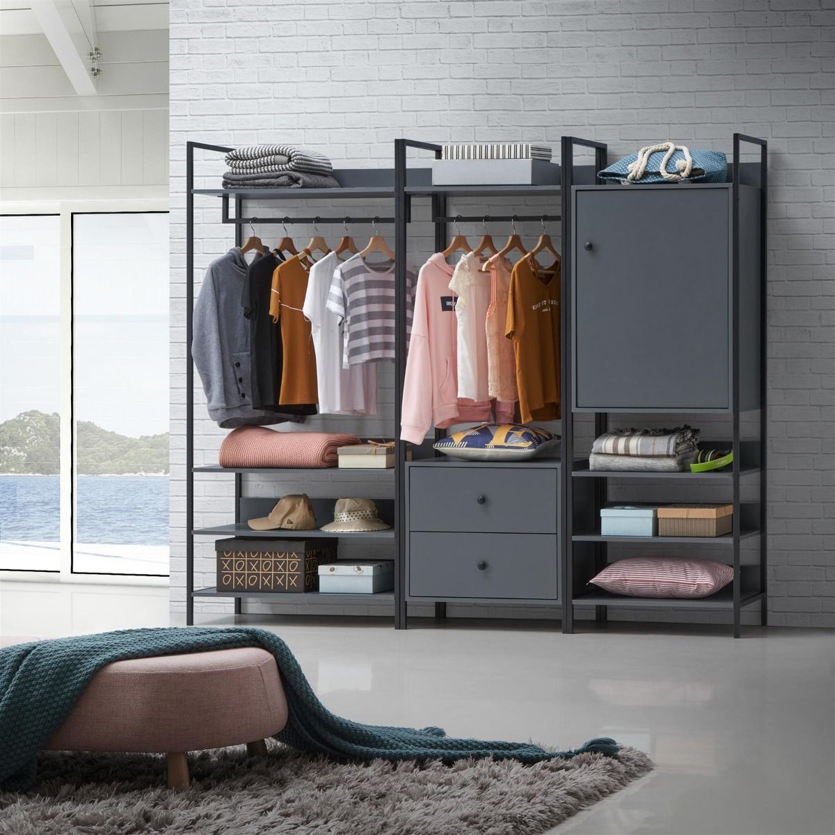 Cahra 3 Piece Bedroom Furniture Set Open Wardrobes Dark Grey