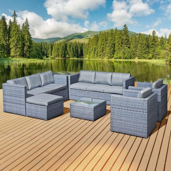 Garta Rattan 9 Seat U-Shape Set in Ocean Grey