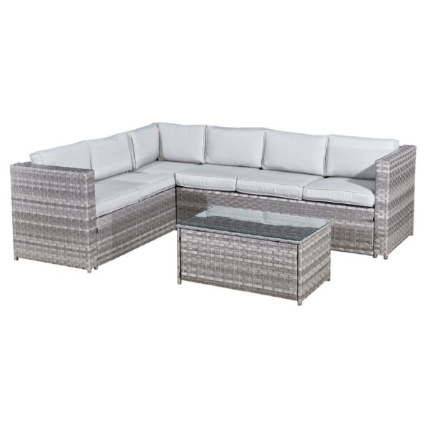 Faron Rattan 6 Seat Corner Sofa Set in Dove Grey with Off-White Cushions