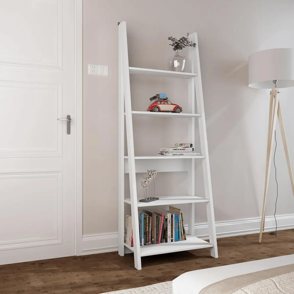 Stylish and space-saving, the Toddny White Ladder Bookcase