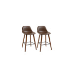 Soasem Set of 2 Tall Brown Bar Stools with Vintage PU Leather and Wooden Frames
