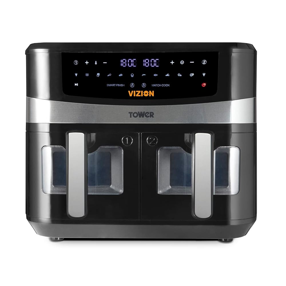 Tower, T17100, Vortx Vizion 9L Dual Basket Air Fryer with Digital control panel & 10 One-touch Pre-sets, Black