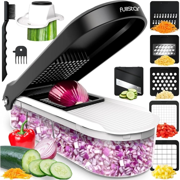 6-in-1 Vegetable Chopper and Mandoline Slicer - Manual Veggie and Onion Cutter for Salads, Potato Chipper, and Dicer - Essential Kitchen Tools and Gadgets