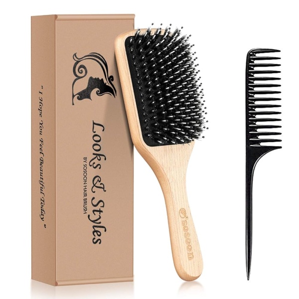 Boar Bristle Paddle Hair Brush by Sosoon - Perfect for Long, Thick, Curly, Wavy, Dry, or Damaged Hair. Reduces Breakage and Tames Frizz, Comes with Gift Box and Hair Comb