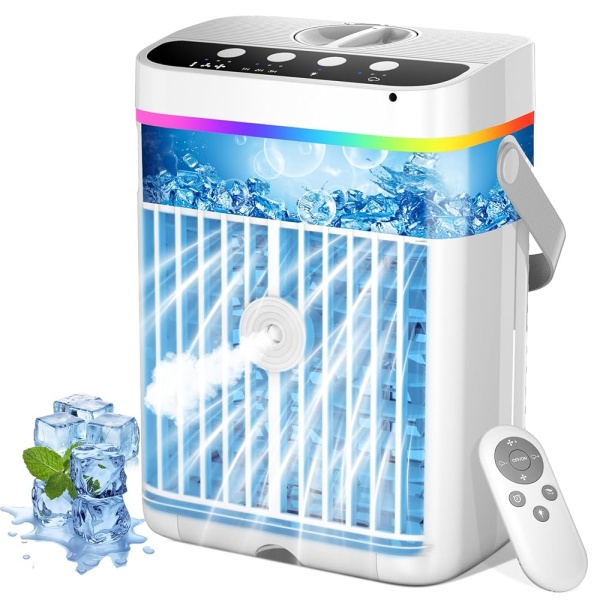 Compact Portable Air Conditioner: 1250ml Mini Evaporative Cooler with USB, 4-in-1 Functionality, Adjustable Timer (1/2/3 Hours), 3 Fan Speeds, 3 Mist Levels, and 7 Color Options
