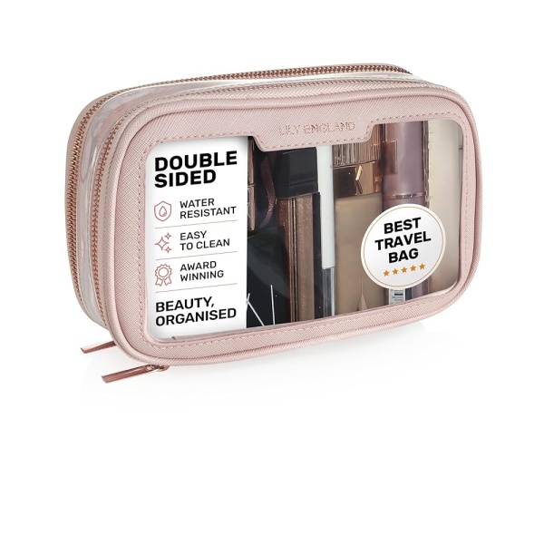 Transparent Travel Toiletry Bag for Women - Dual Compartment Clear Makeup Organizer for Travel - Chic Makeup Bag for Daily Use - Lily England A5 Diary Sized for Beauty Essentials