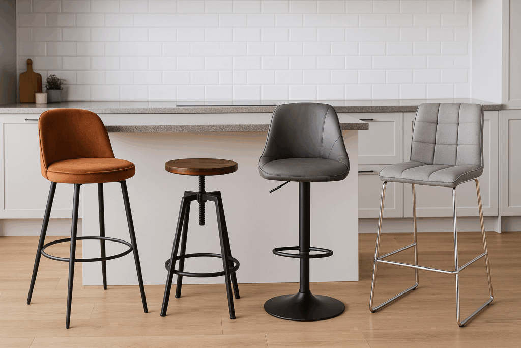 A variety of modern bar stools vs chairs in a contemporary kitchen with white cabinets and a breakfast island