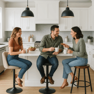 “Modern bar stools in a bright kitchen with people enjoying drinks – NetFurniture UK”

