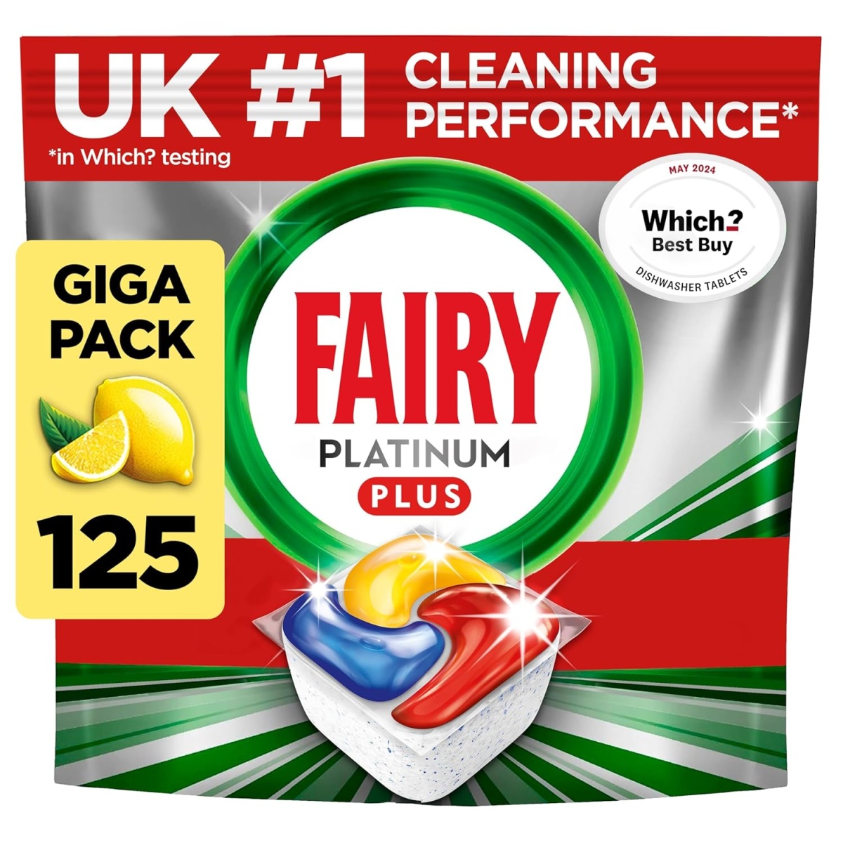 Fairy Platinum Plus All-in-One Dishwasher Tablets, 125 Count, Lemon Scent. Features anti-dull technology and rinse aid action for a thorough clean. Works effectively in short...