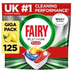 Fairy Platinum Plus All-in-One Dishwasher Tablets, 125 Count, Lemon Scent. Features anti-dull technology and rinse aid action for a thorough clean. Works effectively in short...