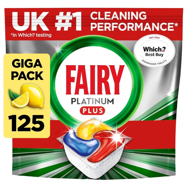 Fairy Platinum Plus All-in-One Dishwasher Tablets, 125 Count, Lemon Scent. Features anti-dull technology and rinse aid action for a thorough clean. Works effectively in short...