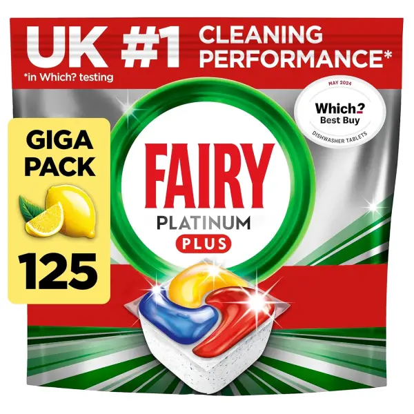 Fairy Platinum Plus All-in-One Dishwasher Tablets, 125 Count, Lemon Scent. Features anti-dull technology and rinse aid action for a thorough clean. Works effectively in short...
