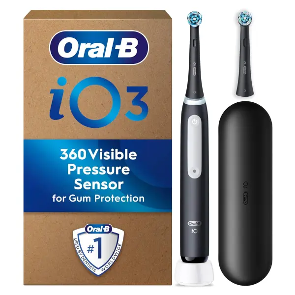 Oral-B iO3 Electric Toothbrush with 2 Brush Heads, Pressure Sensor, Adult Toothbrush with Travel Case, Perfect Gift for Him/Her, Matte Black, UK 2-Pin Plug