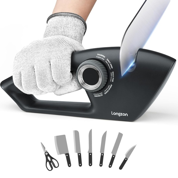 longzon Knife Sharpener 5-in-1 Manual Sharpening Tool with Cut-Resistant Glove, for Kitchen Knives, Serrated Knives, Scissors, and Pocket Knives – Safe and Easy to Use