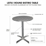 Leit61 Round Bistro Table - Indoor Outdoor Aluminium Flip Top Folding Table - infographic