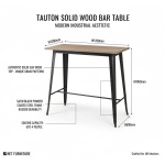 Tauton Solid Wood Bar Table with Industrial Steel Frame - infographic