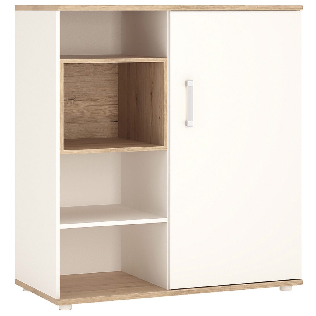 Funjir Low Cabinet With Shelves (Sliding Door) In Light Oak And White High Gloss (Opalino Handles)