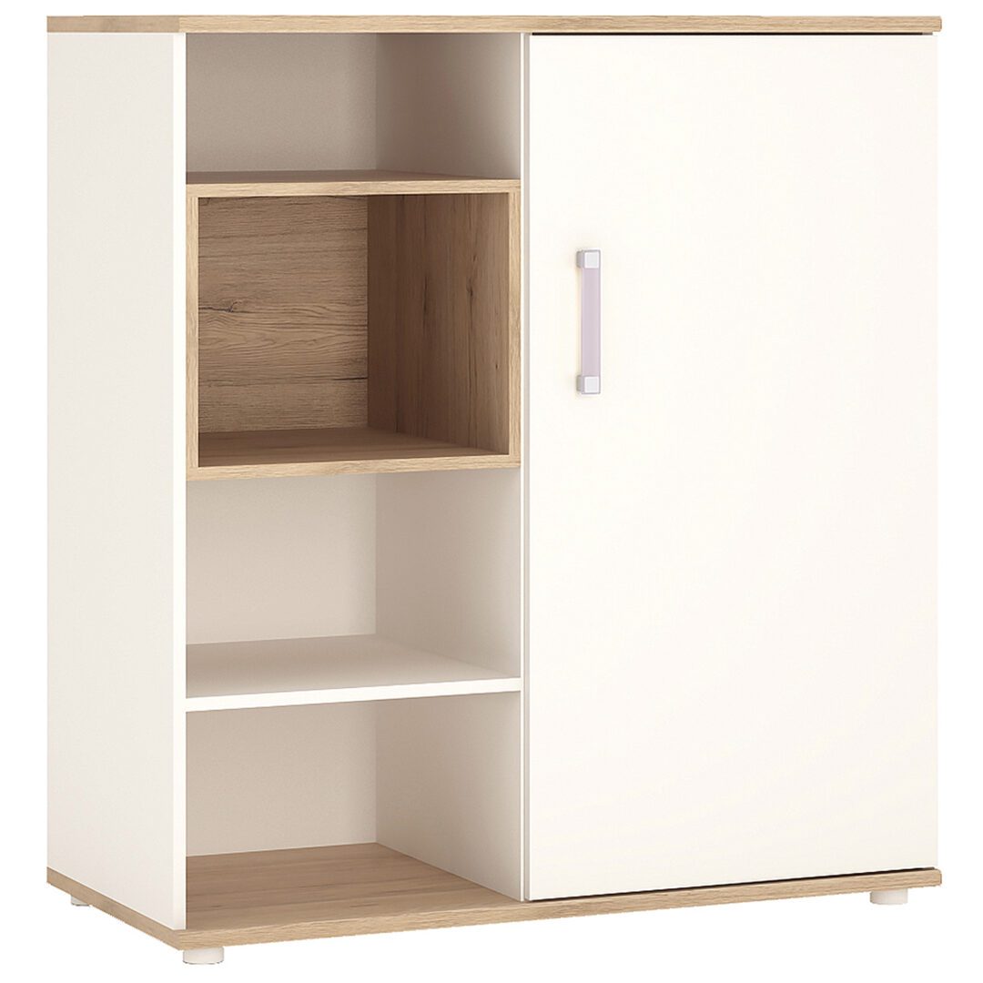 Funjir Low Cabinet With Shelves (Sliding Door) In Light Oak And White High Gloss (Lilac Handles)