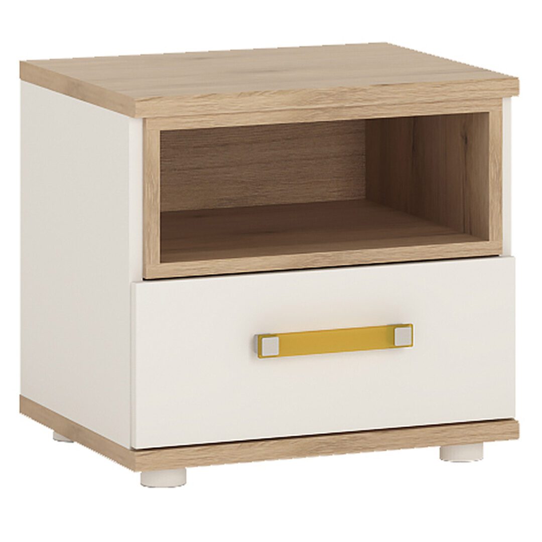 Funjir 1 Drawer Bedside Cabinet In Light Oak And White High Gloss (Orange Handles)