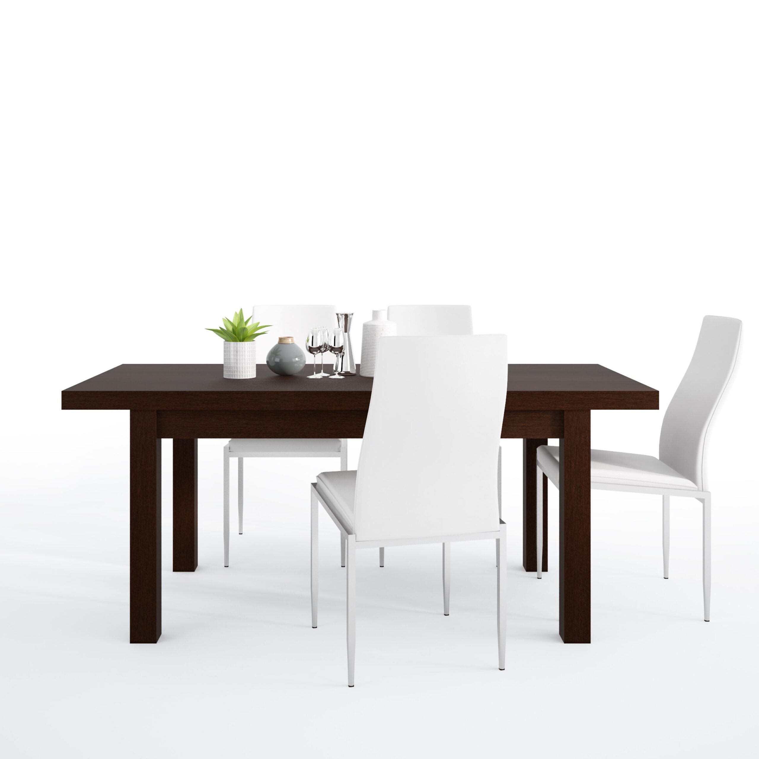 Jello Dining set package Jello Extending Dining Table in Dark Mahogany + 6 Lillie High Back Chair White