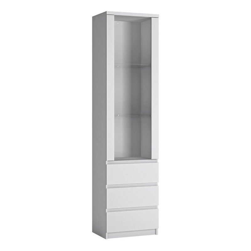 Karino Tall Narrow 1 Door 3 Drawer Glazed Display Cabinet In White