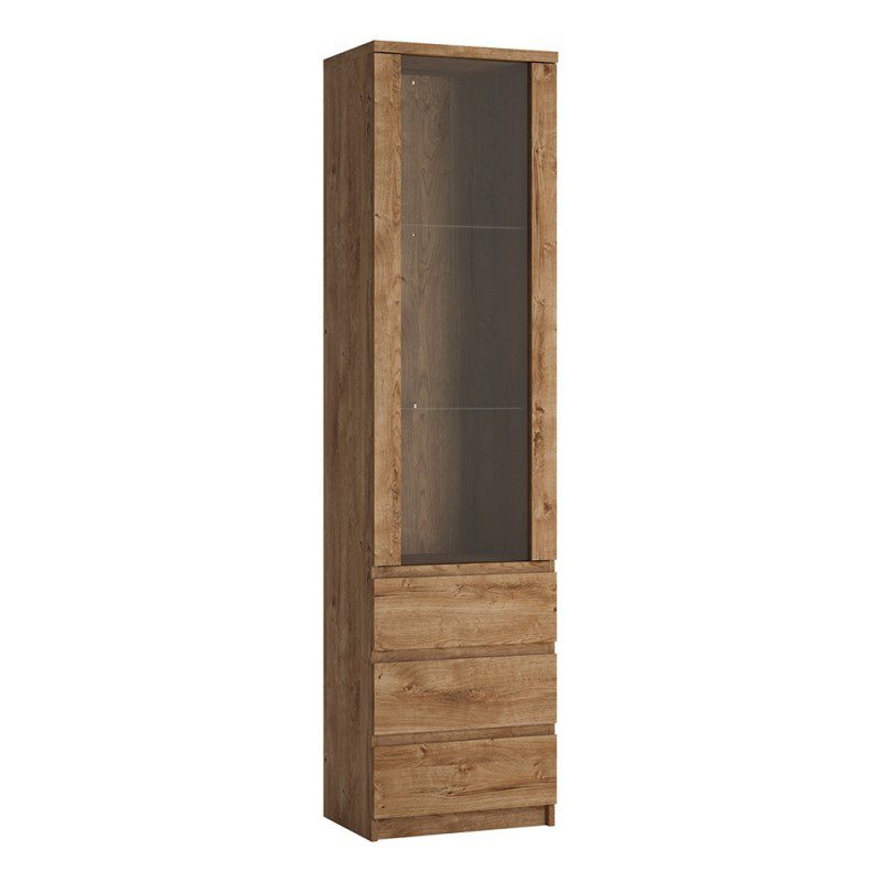Alivieri Tall Narrow 1 Door 3 Drawer Glazed Display Cabinet In Oak
