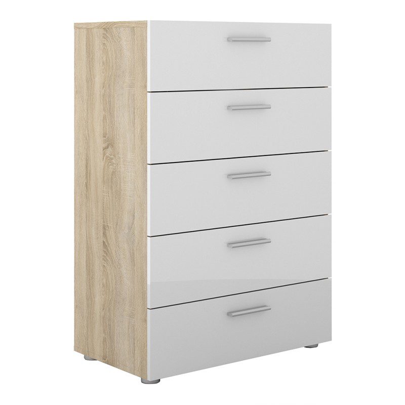 Tele Chest of 5 Drawers in Oak with White High Gloss