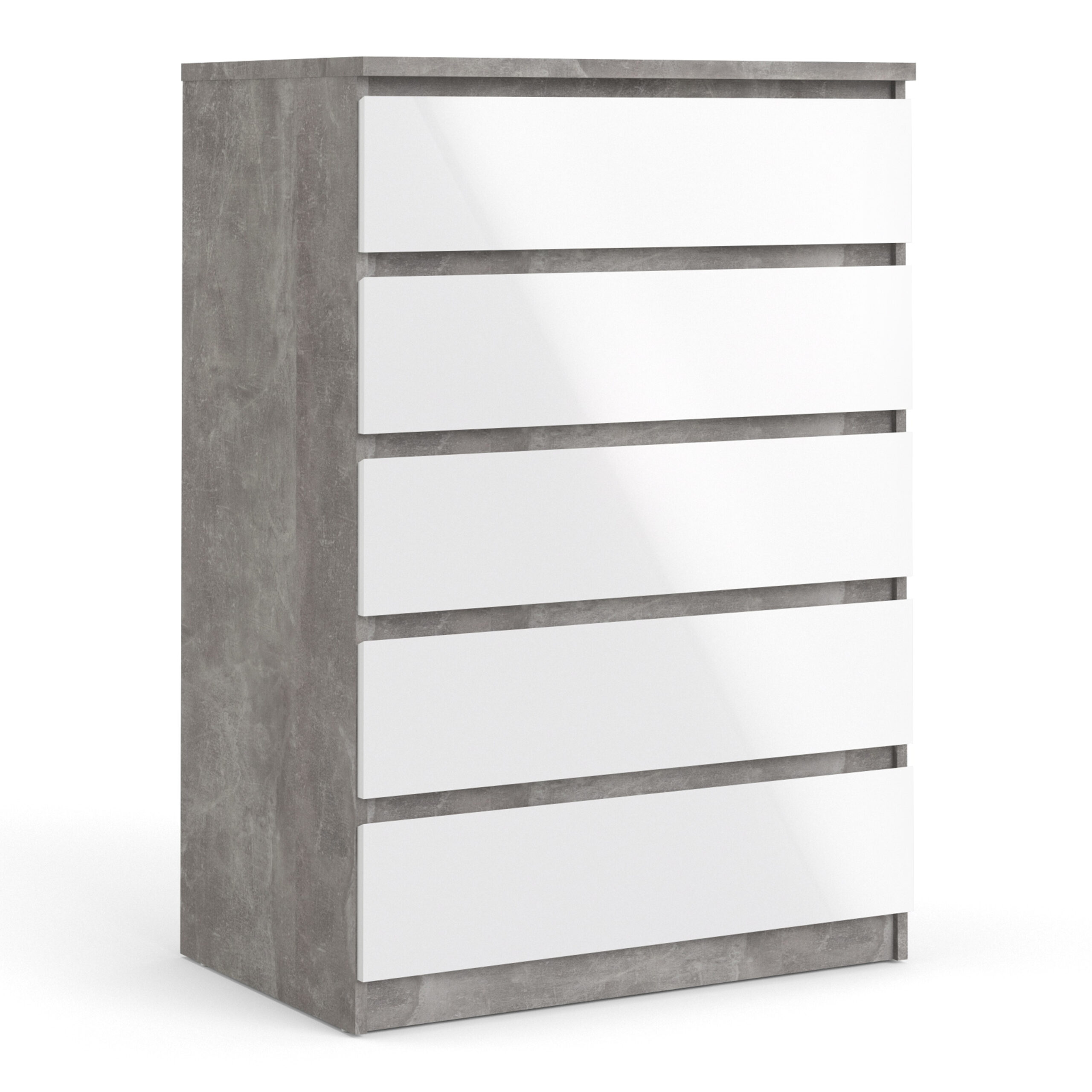 Nati Chest Of 5 Drawers In Concrete White High Gloss