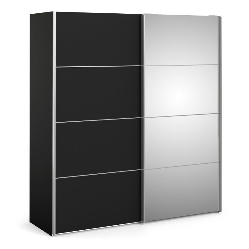 Gedona Sliding Wardrobe 180Cm In Black Matt With Black Matt And Mirror Doors With 2 Shelves