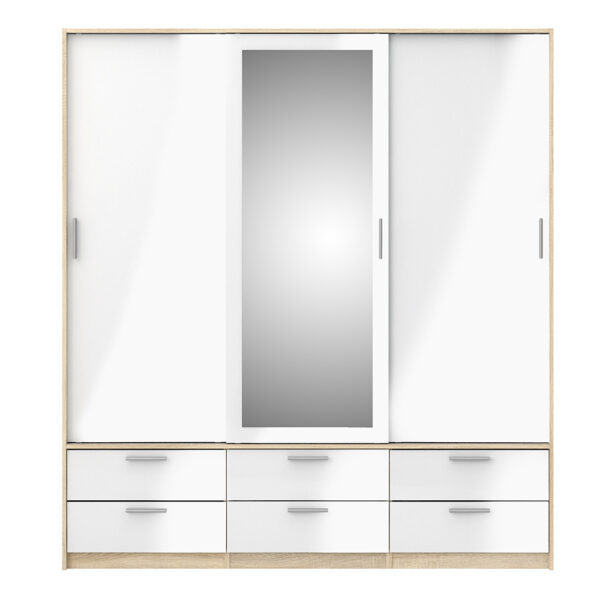70674320akuu-Line-Wardrobe-3-Doors-6-Drawers-Oak-with-White-High-Gloss_F