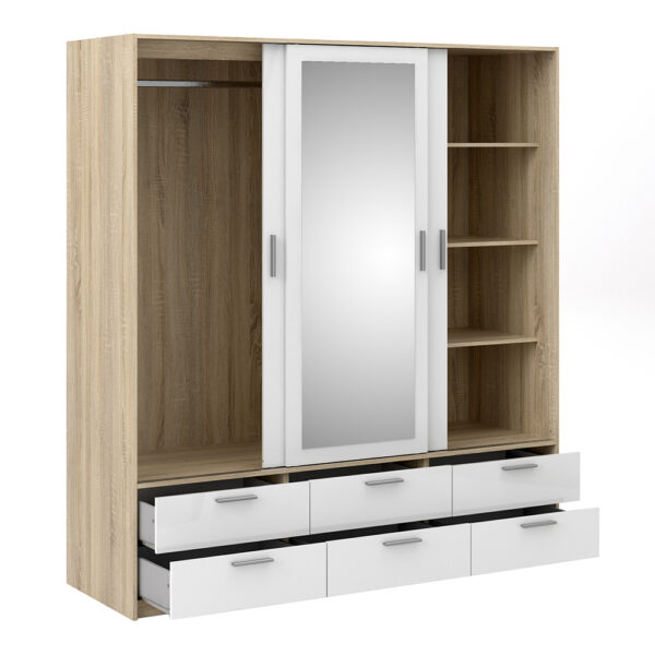 Linok Wardrobe - 3 Doors 6 Drawers in Oak with White High Gloss