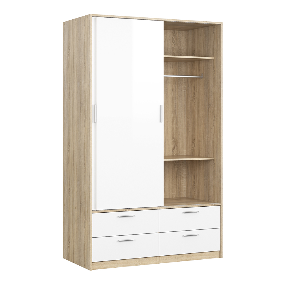 Linok Wardrobe 2 Doors 4 Drawers in Oak with White High Gloss