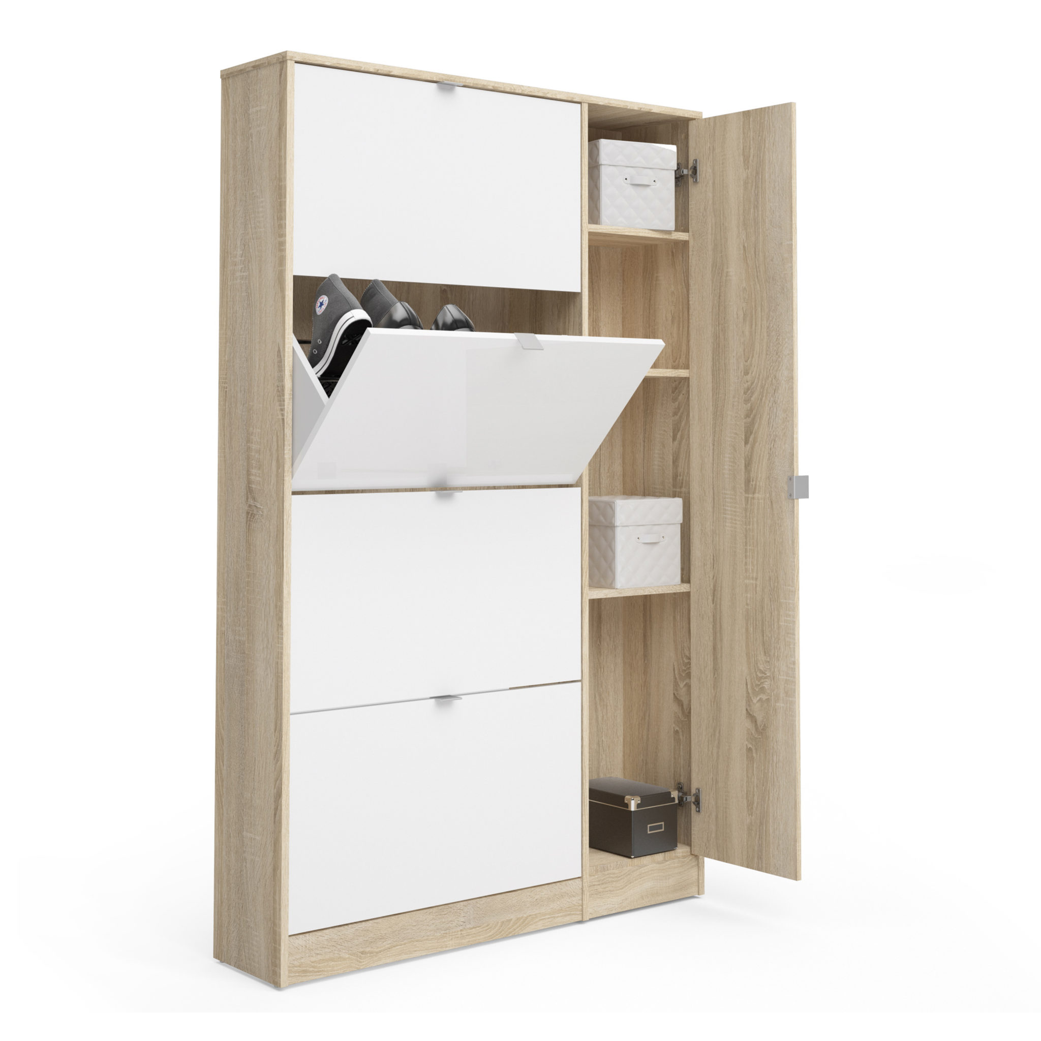Shoe Cabinet 4 Compartments 1 Door W Mirror In Oak With White