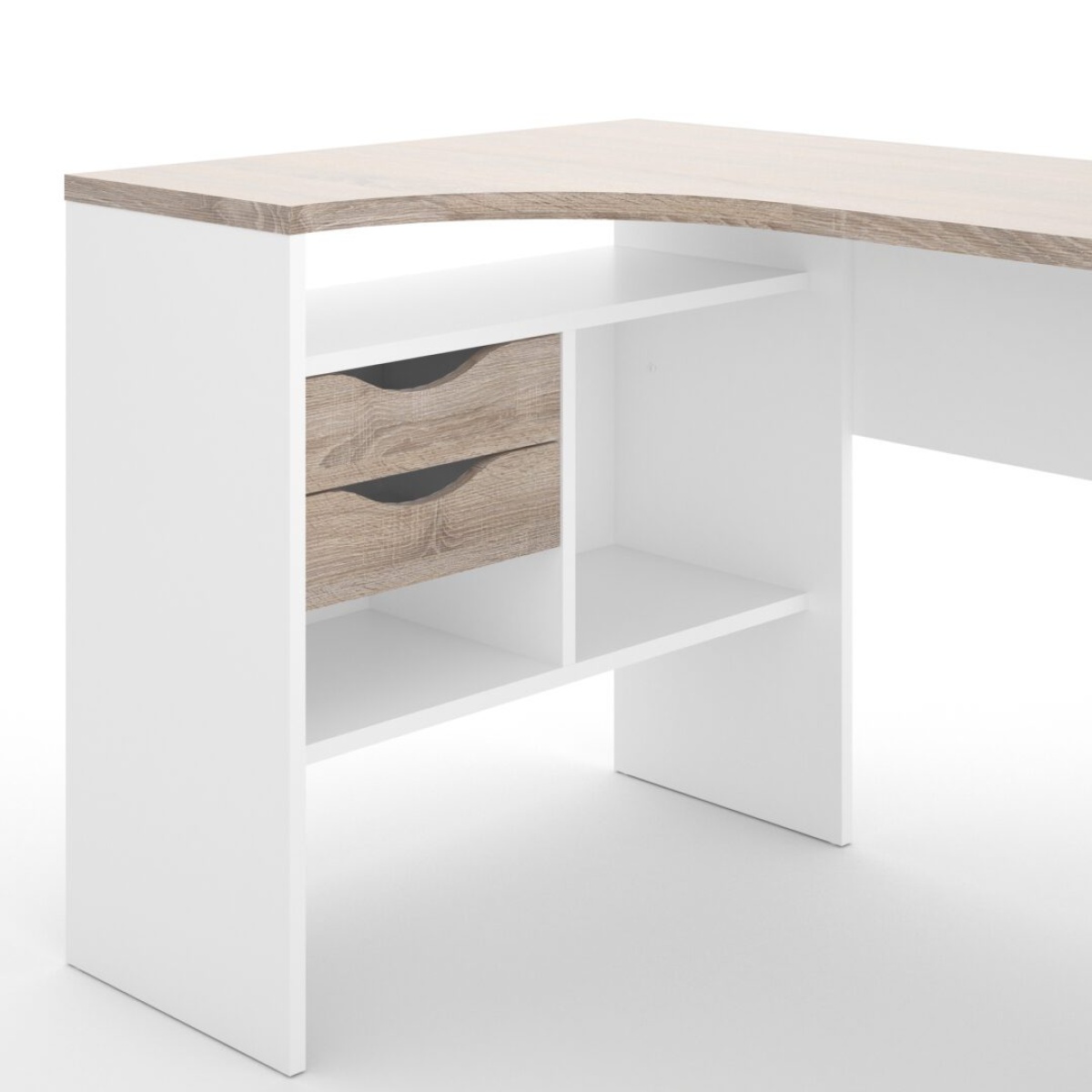 Remote Corner Desk 2 Drawers In White And Truffle Oak