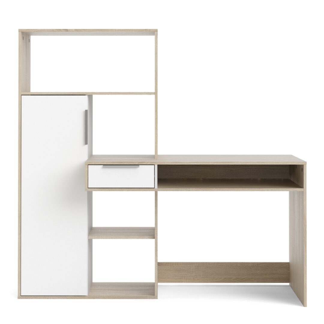 Remote Desk Multi-Functional Desk With Drawer And 1 Door In White And Oak