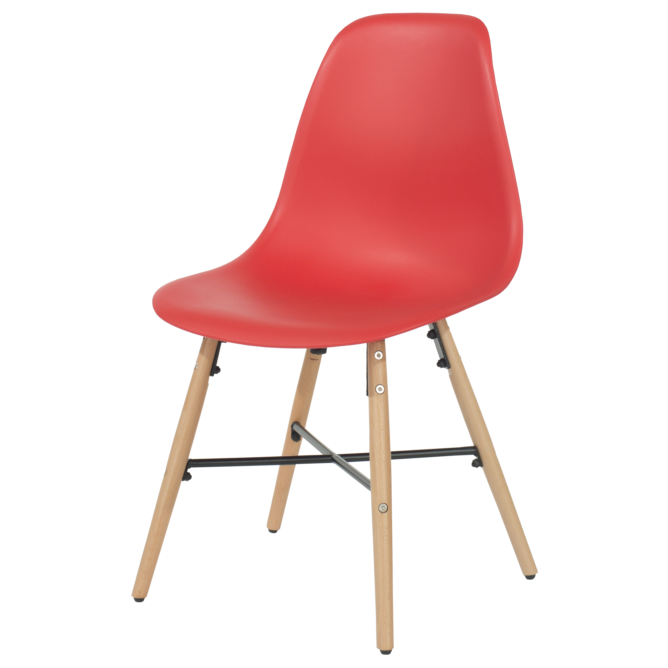 Penny red plastic chairs with wood legs & metal cross rails (pair)