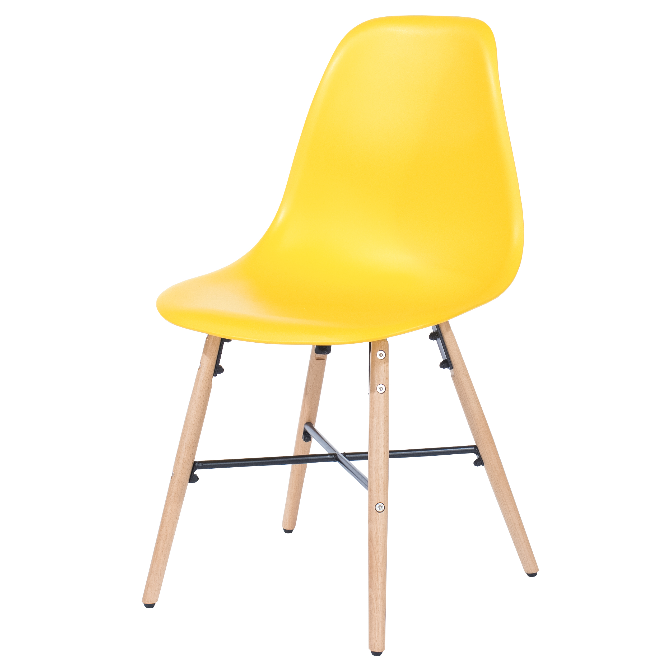 Penny yellow plastic chairs with wood legs & metal cross rails (pair)