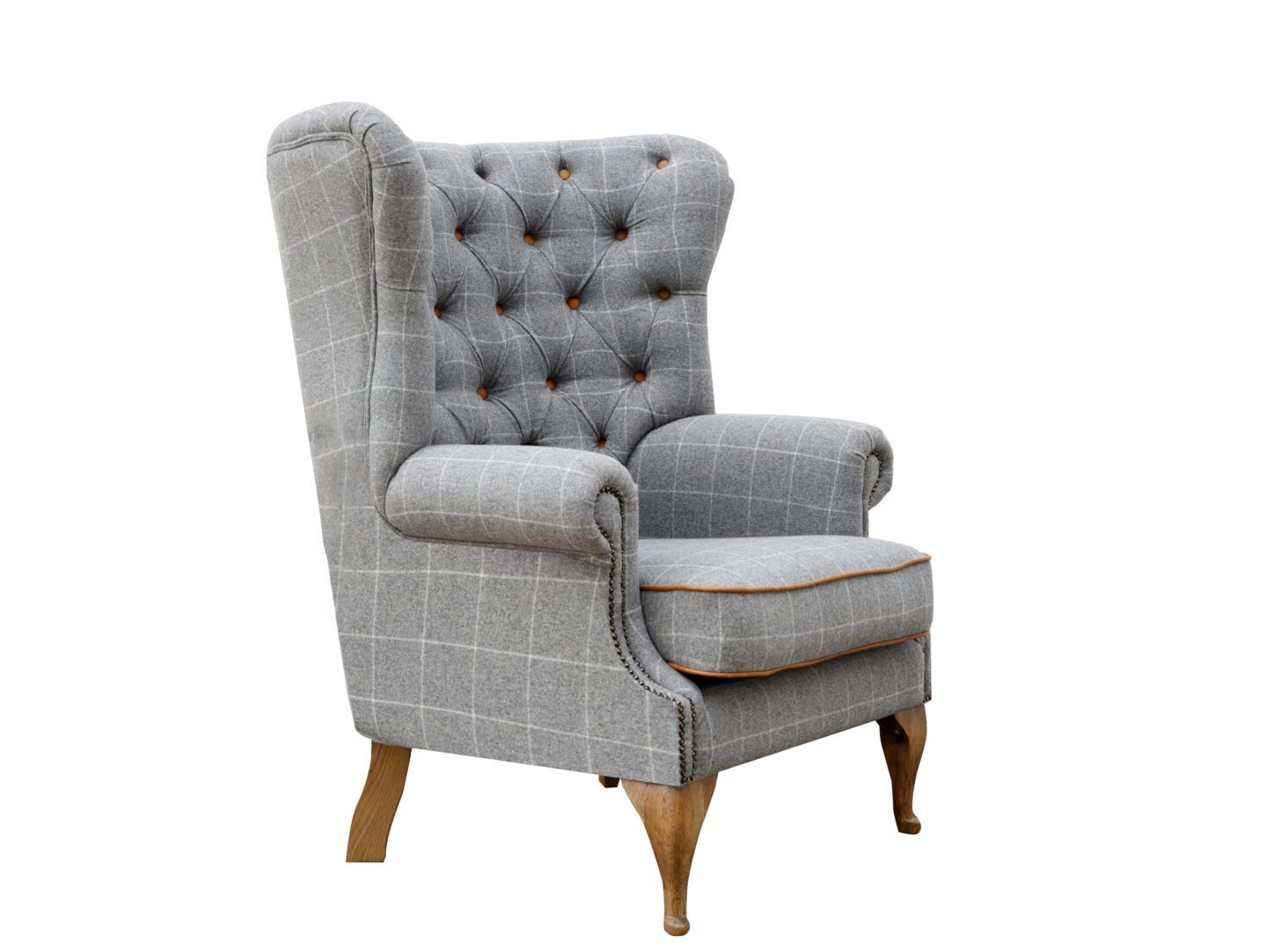 Gaso Grey Upholstered Button Back Wing Chair In Check Grey.