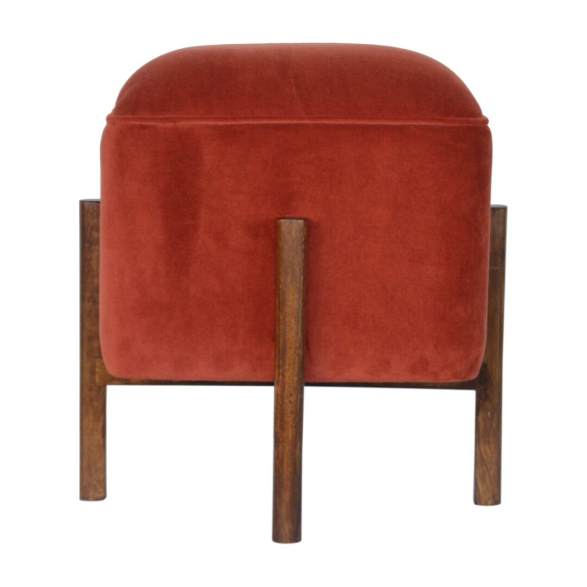 Brick Red Velvet Footstool with Solid Wood Legs