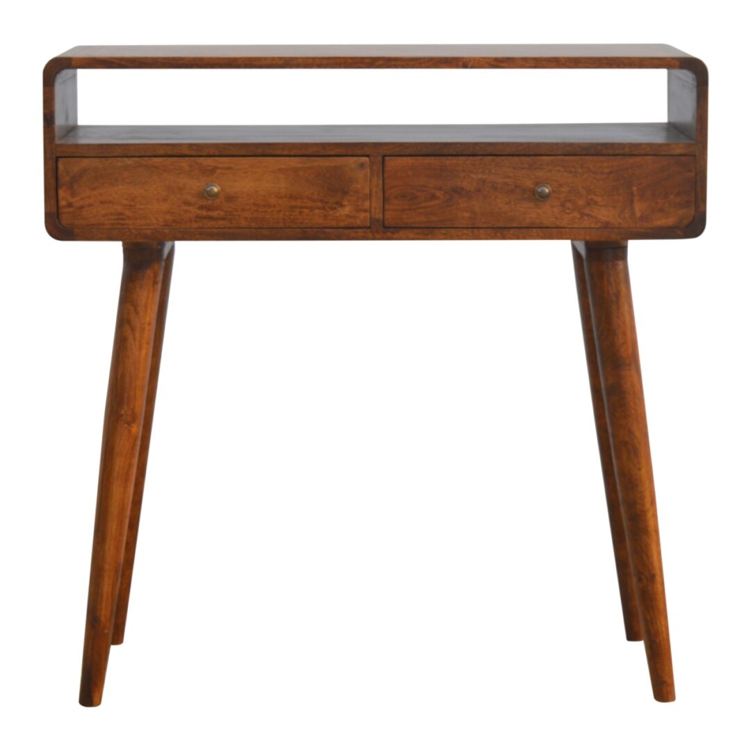 Sacony Curved Hand Crafted Chestnut Console Desk Table.