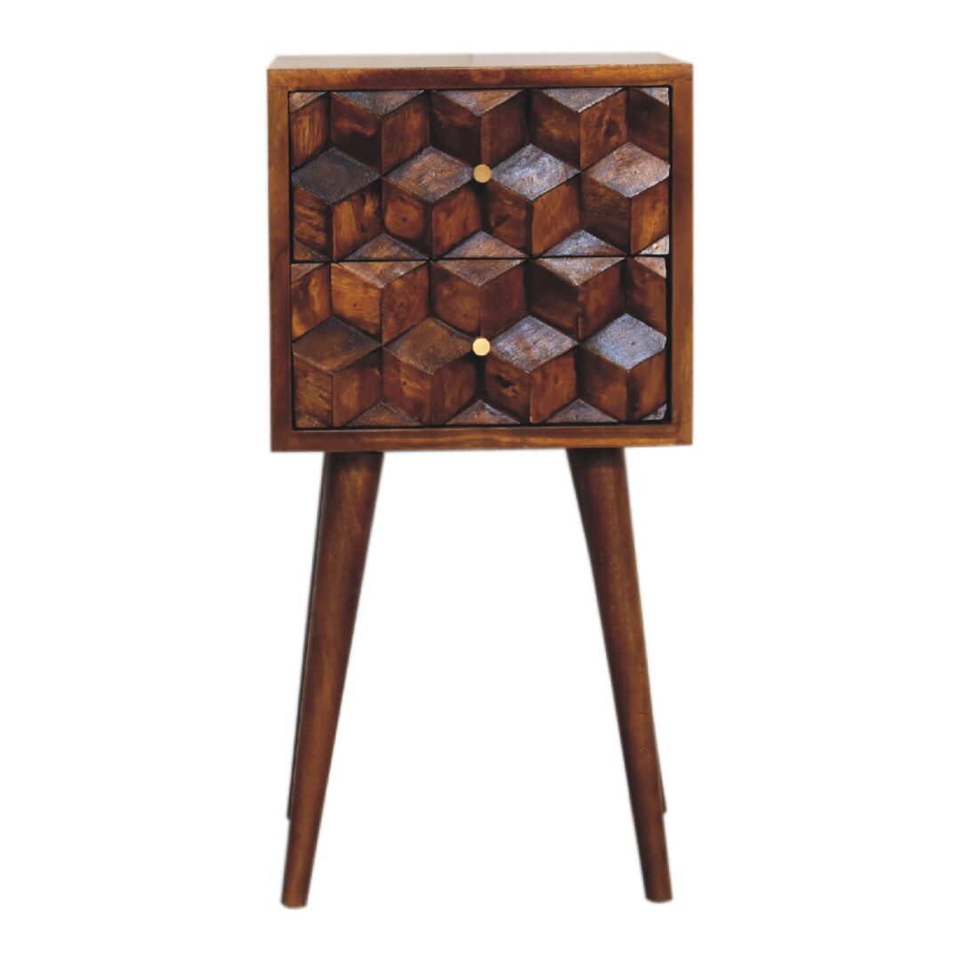 Mini Chestnut Cube Carved 2 Drawer Bedside Table