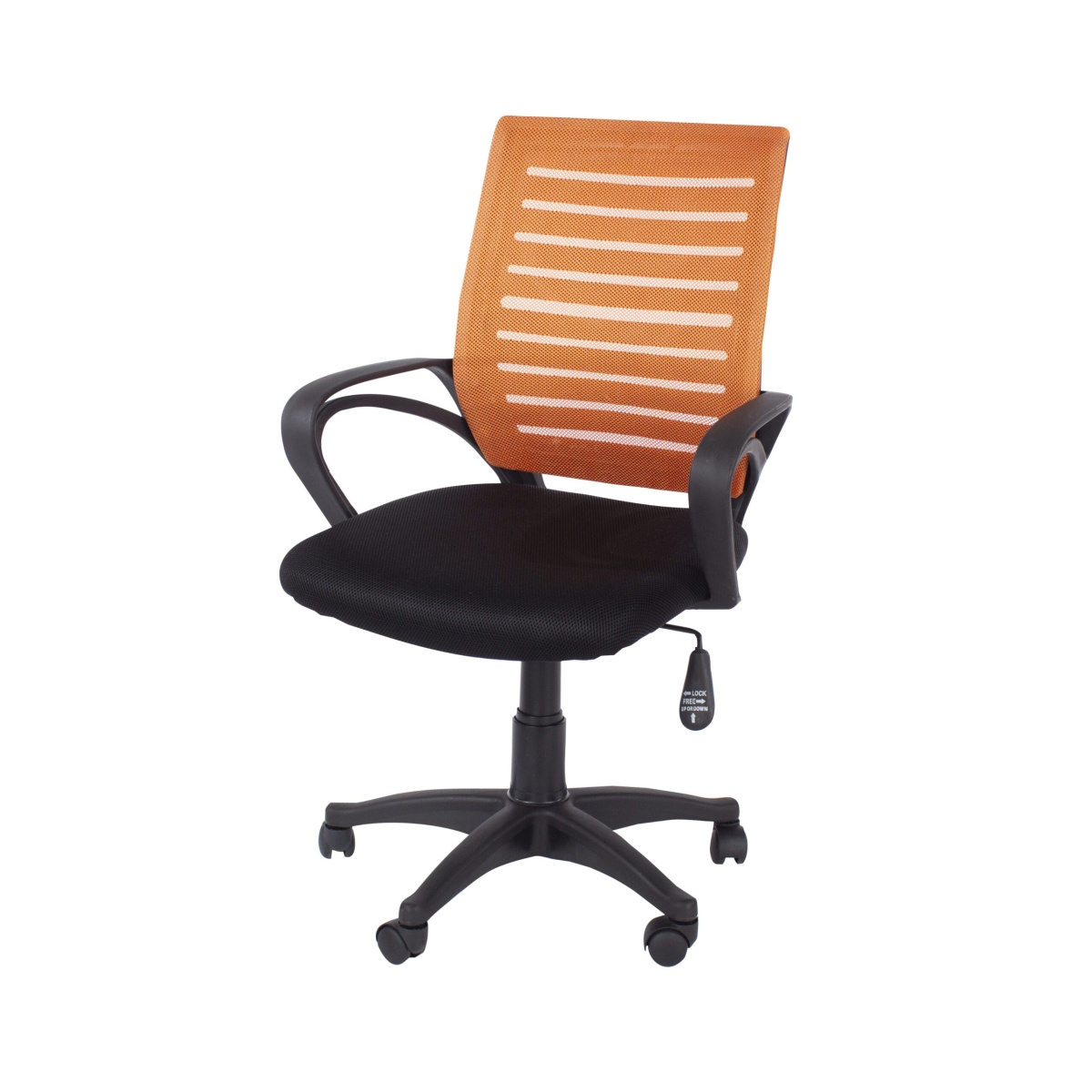 Lust study chair arms orange mesh black fabric & black base.